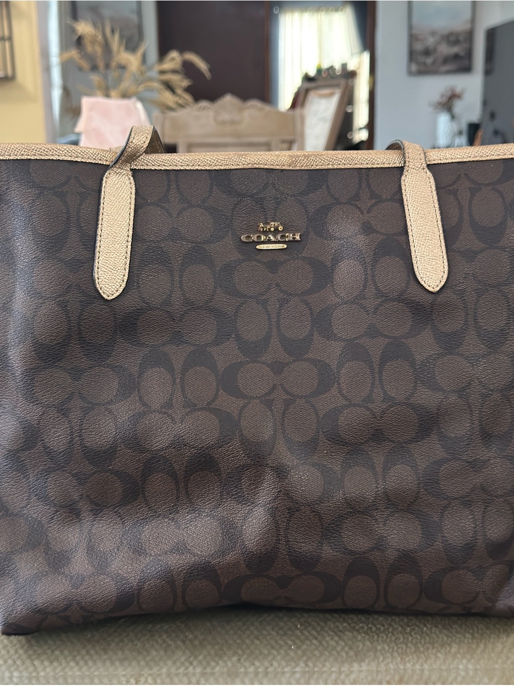 Coach Brown Signature Canvas Tote with Gold Trim